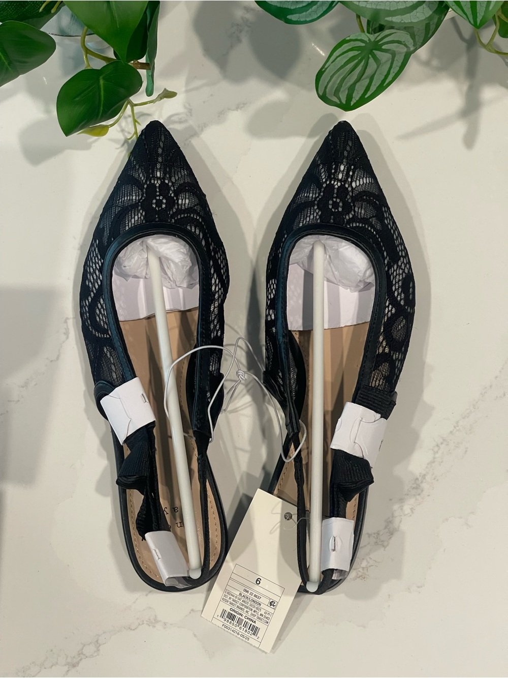 A New Day London Flats Black Lace Pointed Toe Slingback Size 6 NIB